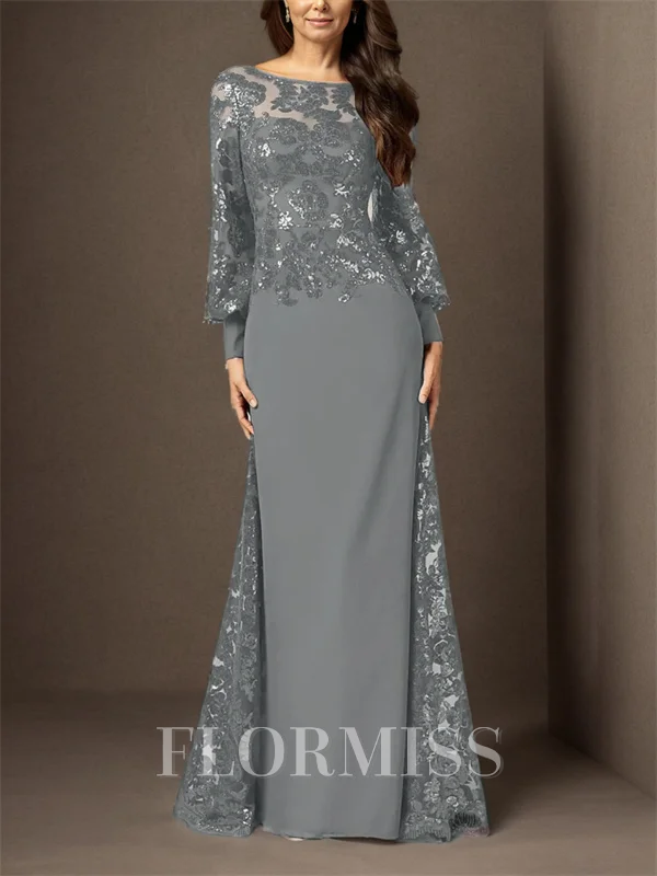Sheath Bateau Long Sleeves Sequin Floor-Length Chiffon Mother of the Bride Dress