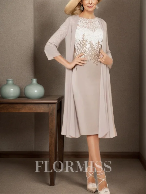 Sheath Bateau 3/4 Sleeves Applique Tea-Length Chiffon Mother of the Bride Dress