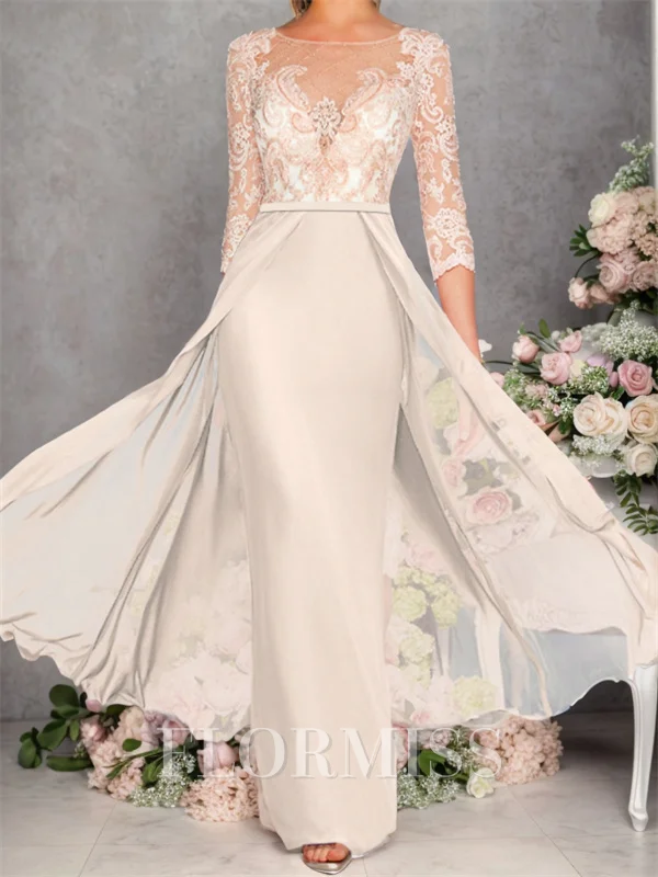 Sheath Bateau 3/4 Sleeves Applique Floor-Length Satin Chiffon Mother of the Bride Dress