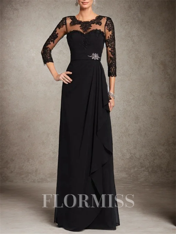 A-line Bateau 3/4 Sleeves Ruffles Floor-Length Chiffon Mother of the Bride Dress