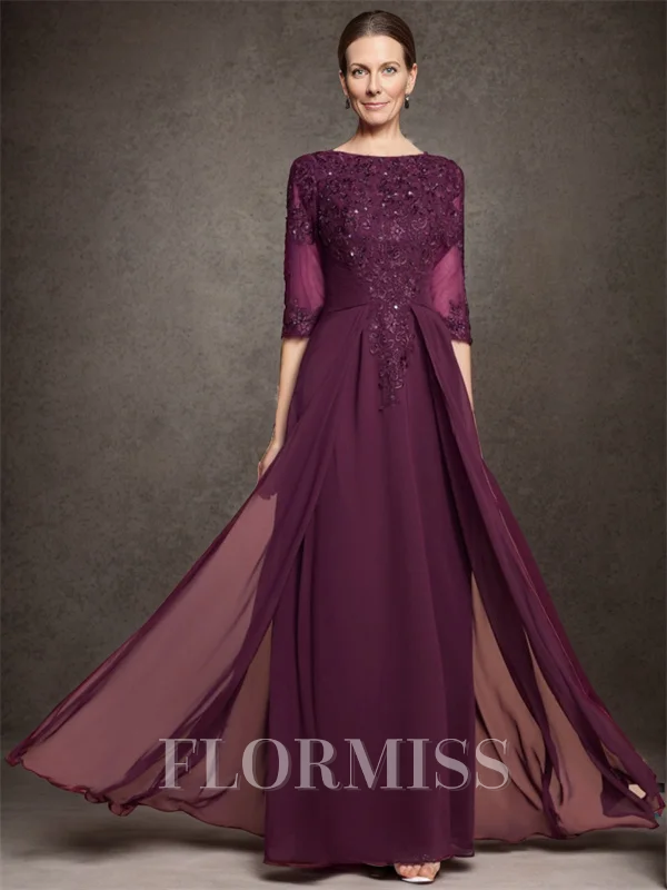 A-line Bateau 1/2 Sleeves Ruffles Floor-Length Chiffon Mother of the Bride Dress