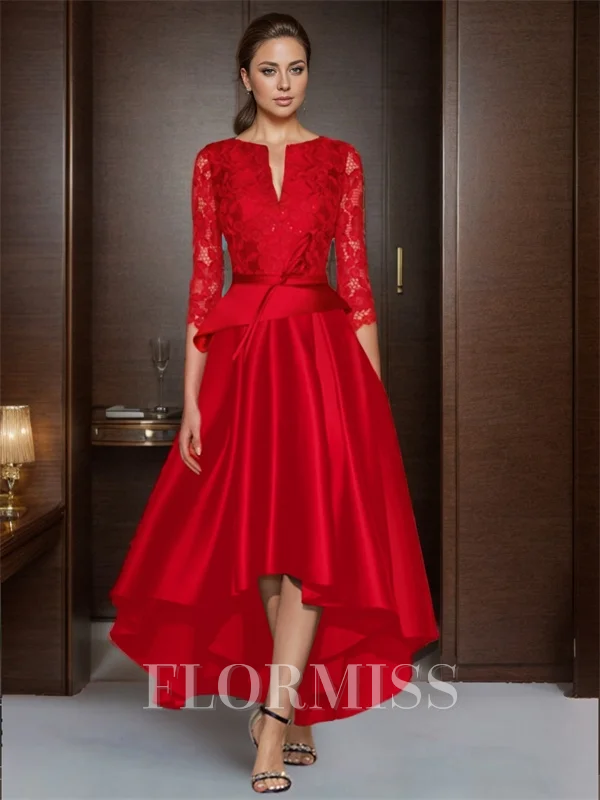 A-line Bateau 3/4 Sleeves Ruffles Asymmetrical Satin Mother of the Bride Dress