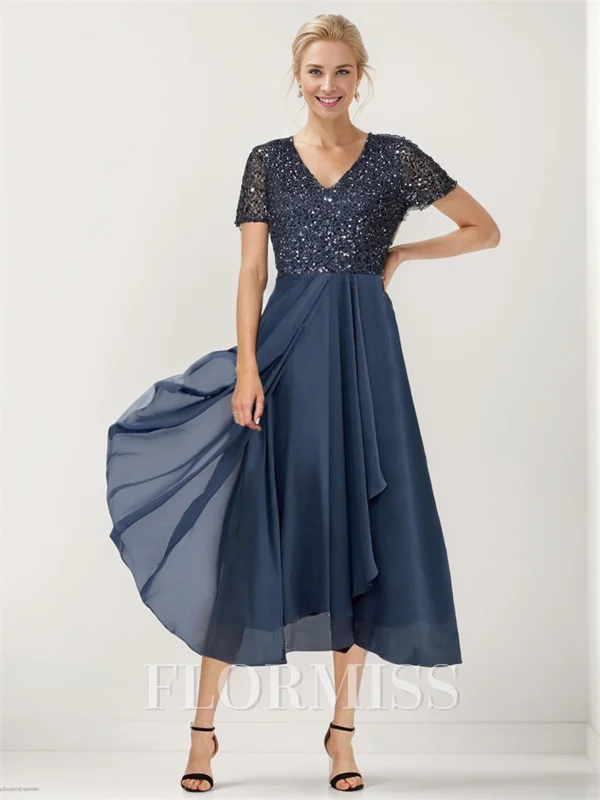 A-line V-neck Short Sleeves Sequin Asymmetrical Chiffon Mother of the Bride Dress