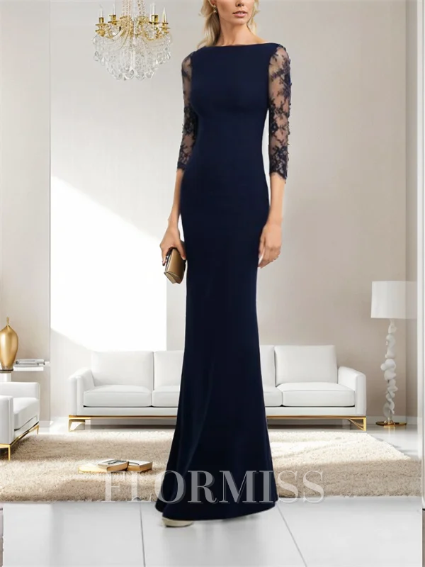 Sheath Bateau 3/4 Sleeves Applique Floor-Length Stretch Crepe Mother of the Bride Dress