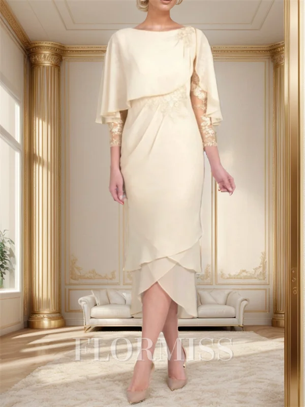 Sheath Bateau 3/4 Sleeves Applique Tea-Length Chiffon Mother of the Bride Dress