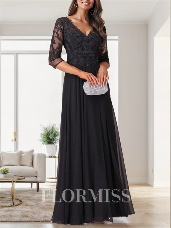 A-line V-neck 3/4 Sleeves Ruffles Floor-Length Chiffon Mother of the Bride Dress