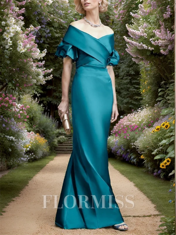 Sheath Off-the-Shoulder Short Sleeves Pleated Floor-Length Satin Mother of the Bride Dress