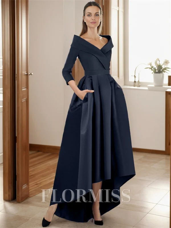 A-line V-neck 3/4 Sleeves Pleated Asymmetrical Satin Mother of the Bride Dress