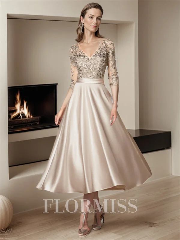 A-line V-neck 3/4 Sleeves Applique Tea-Length Satin Mother of the Bride Dress
