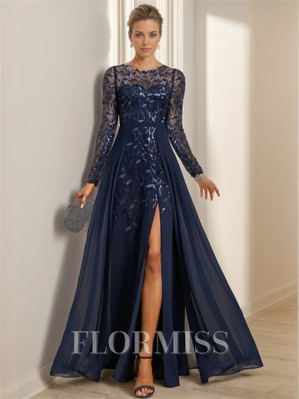 A-line Bateau Long Sleeves Ruffles Floor-Length Chiffon Mother of the Bride Dress