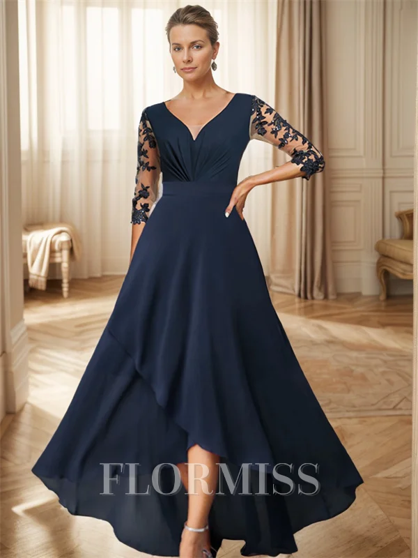 A-line V-neck 3/4 Sleeves Ruffles Asymmetrical Chiffon Mother of the Bride Dress