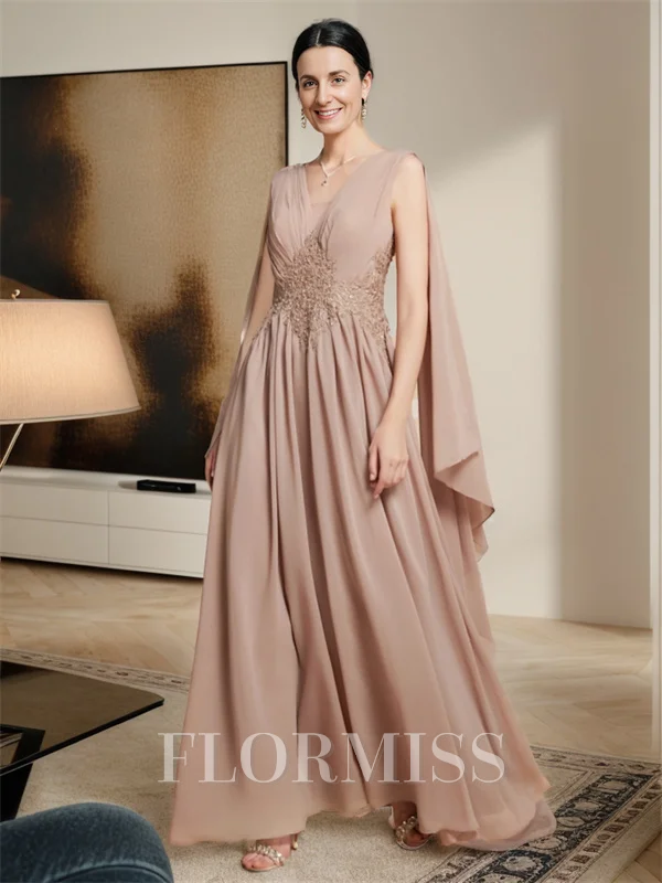 A-line V-neck Applique Floor-Length Chiffon Mother of the Bride Dress