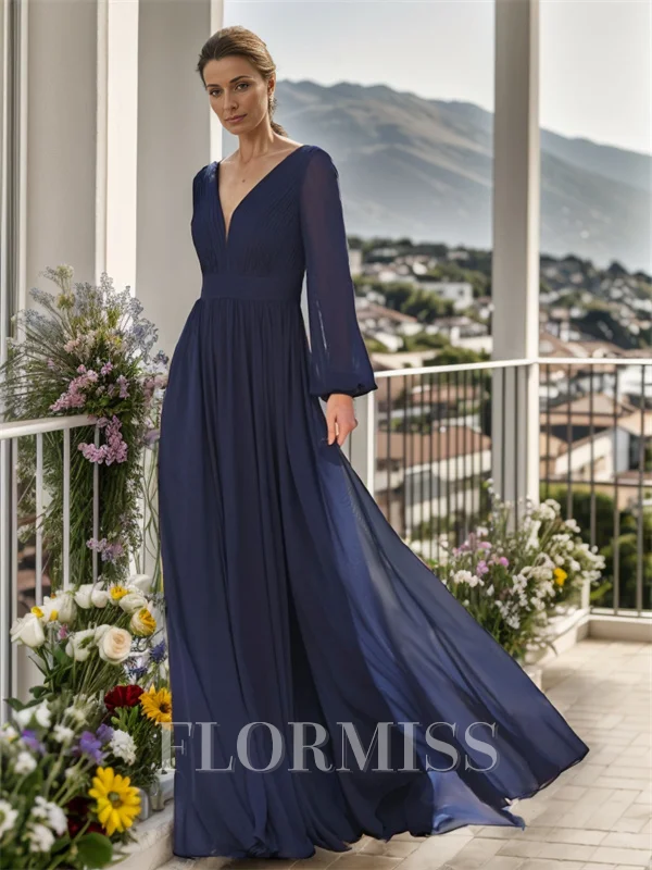 A-line V-neck Long Sleeves Ruffles Floor-Length Chiffon Mother of the Bride Dress
