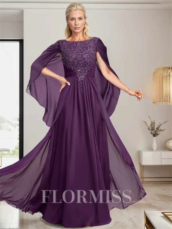 A-line Bateau Applique Floor-Length Chiffon Mother of the Bride Dress