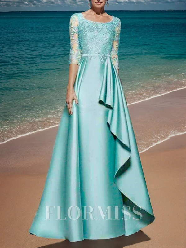 A-line Scoop 3/4 Sleeves Ruffles Floor-Length Satin Mother of the Bride Dress