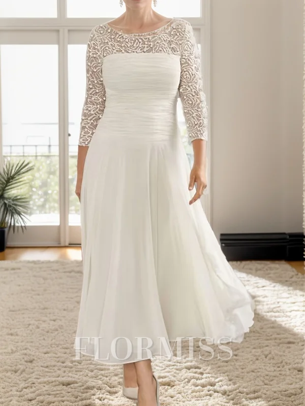 A-line/Princess Scoop 3/4 Sleeves Tea-Length Chiffon Mother of the Bride Dress