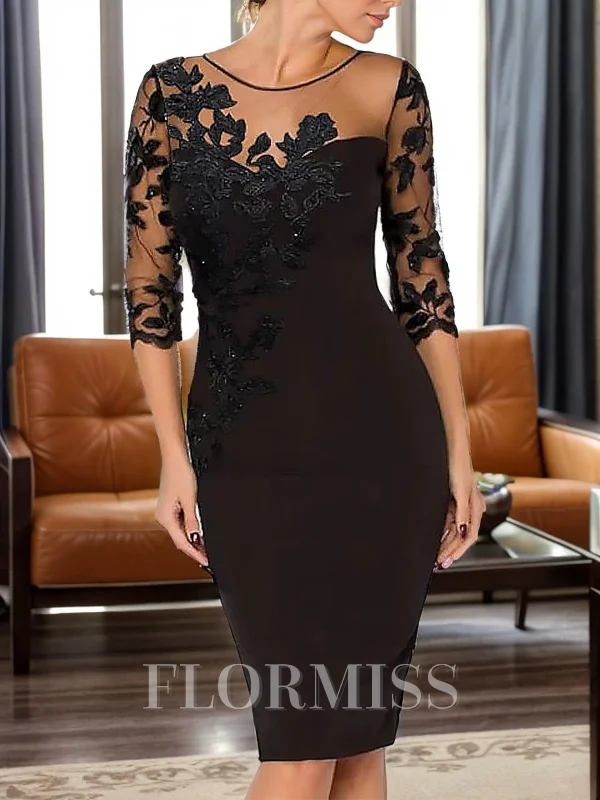 Sheath/Column Stretch Crepe Applique Scoop 3/4 Sleeves Knee-Length Mother of the Bride Dress
