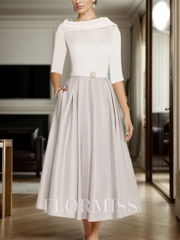A-Line/Princess Satin Scoop 1/2 Sleeves Tea-Length Mother of the Bride Dress