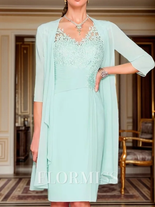 Sheath/Column Chiffon Applique V-neck Sleeveless Knee-Length Mother of the Bride Dress