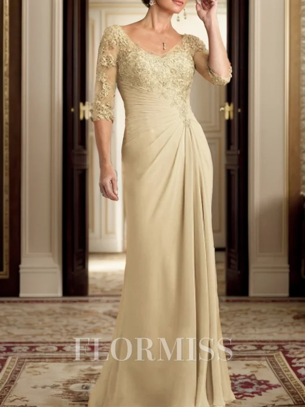 Sheath/Column Chiffon Applique Ruched V-neck 1/2 Sleeves Floor-Length Mother of the Bride Dress