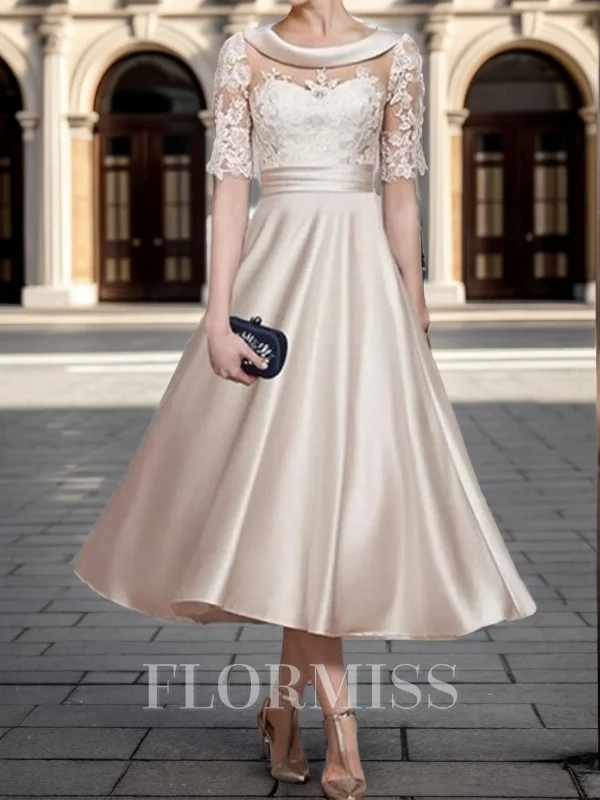 A-Line/Princess Satin Applique Scoop 1/2 Sleeves Tea-Length Mother of the Bride Dress