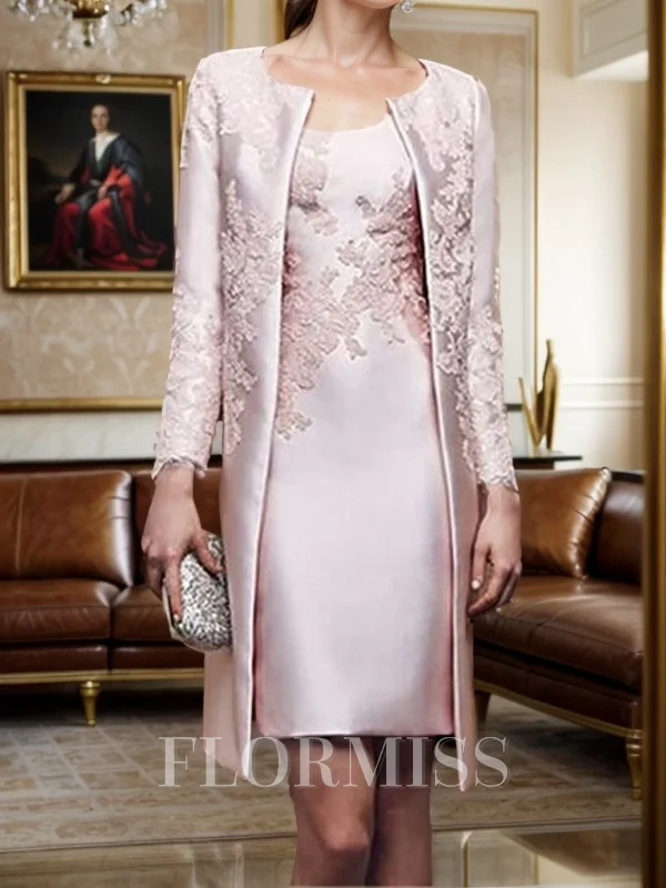 Sheath/Column Satin Applique Scoop Long Sleeves Knee-Length Mother of the Bride Dress