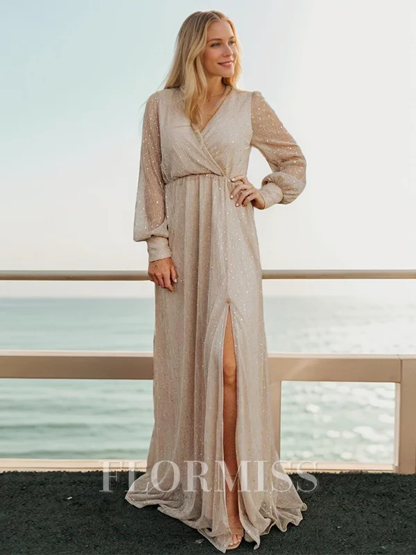 A-line/Princess V-neck Floor-Length Long Sleeves Keyhole Mother of the Bride Dresses