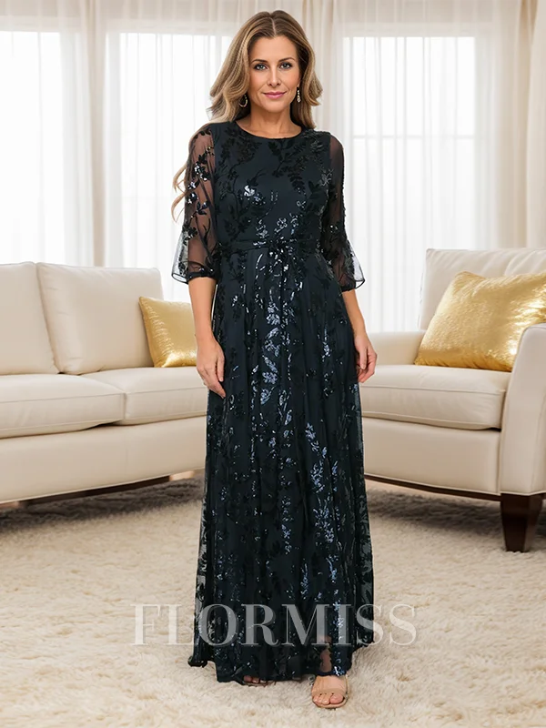 A-line/Princess Bateau Floor-Length 3/4 Sleeves Keyhole Mother of the Bride Dresses