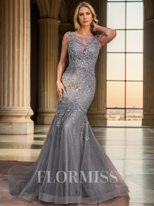 Trumpet/Mermaid Jewel Sweep Train Tulle Sleeveless V Back Mother of the Bride Dresses