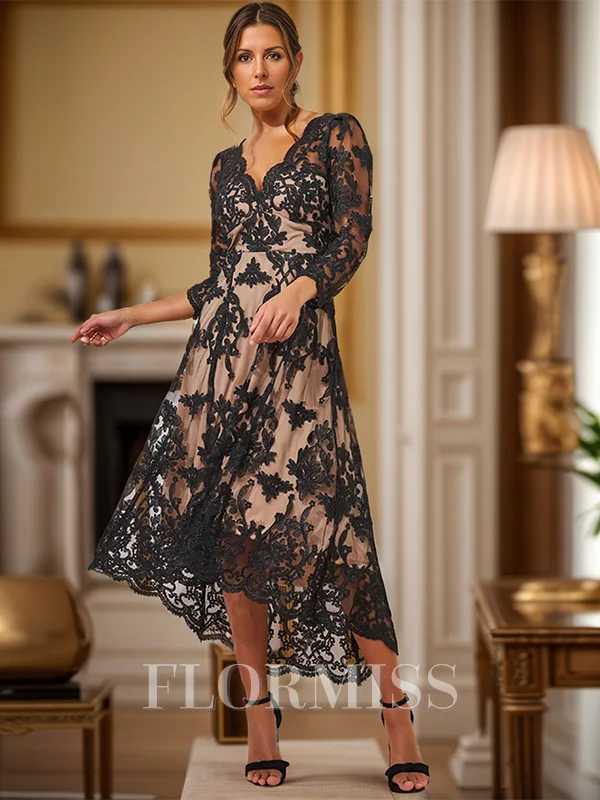 A-line/Princess V-neck Asymmetrical Lace 3/4 Sleeves Back Zip Mother of the Bride Dresses