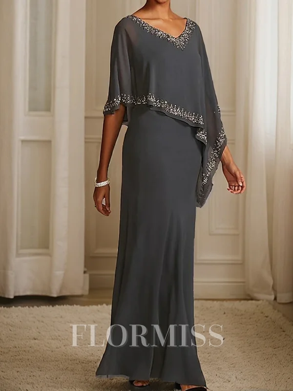 A-line/Princess V-neck Floor-Length Chiffon Long Sleeves V Back Mother of the Bride Dresses