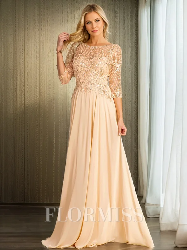 A-line/Princess Bateau Sweep Train Chiffon 3/4 Sleeves Back Zip Mother of the Bride Dresses