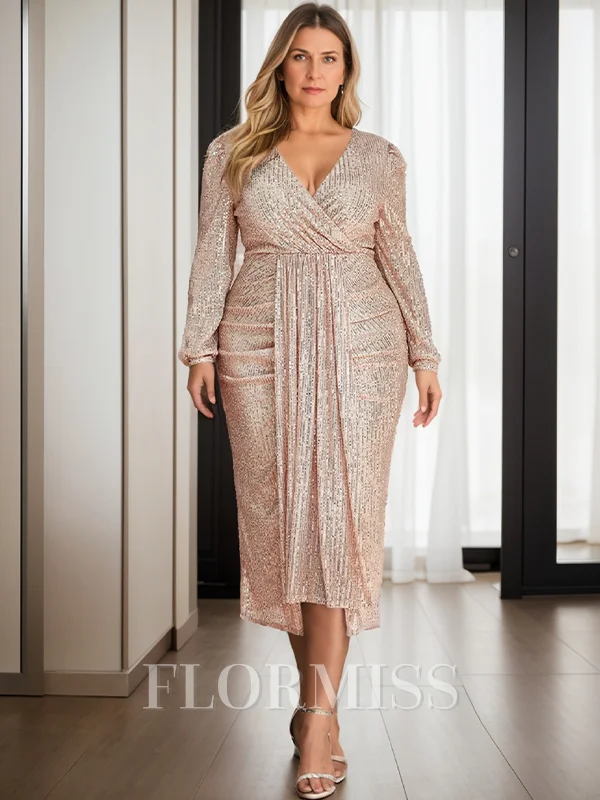 A-line/Princess V-neck Tea-Length Sequins Long Sleeves Mother of the Bride Dresses