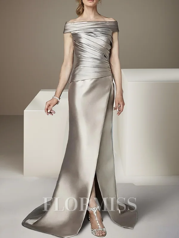 Sheath/Column Satin Off-the-Shoulder Sleeveless Sweep-Train Mother of the Bride Dress