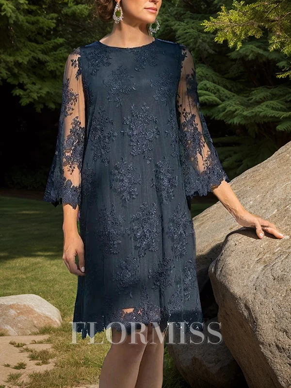 A-line/Princess Tulle Scoop Long Sleeves Tea-Length Mother of the Bride Dress