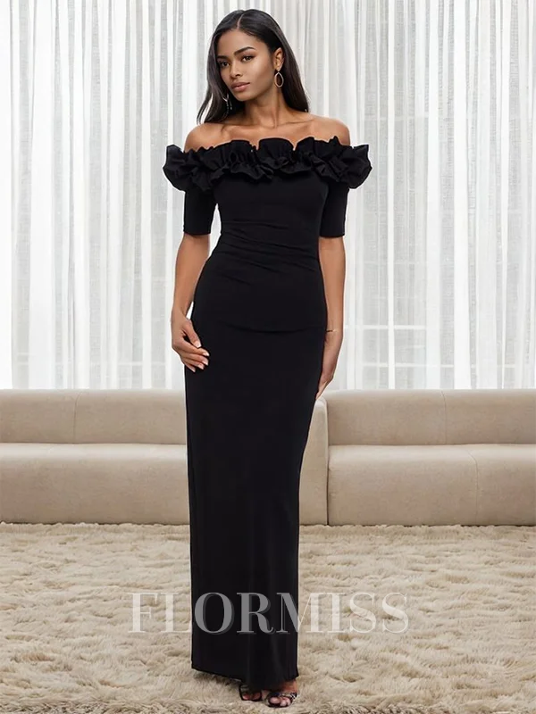 Sheath/Column Stretch Crepe Off-the-Shoulder 1/2 Sleeves Floor-Length Mother of the Bride Dress