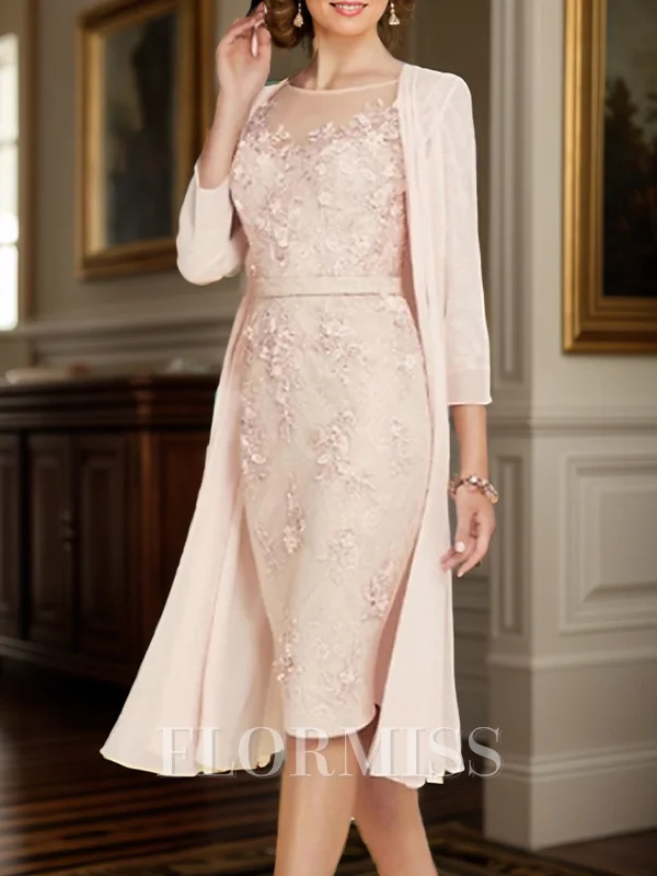 Sheath/Column Chiffon Scoop 3/4 Sleeves Knee-Length Mother of the Bride Dress