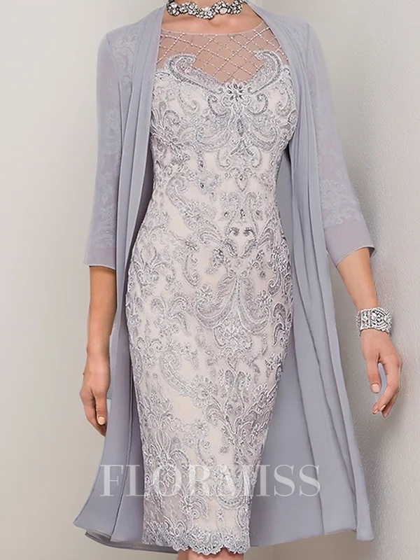 Sheath/Column Chiffon Scoop 3/4 Sleeves Knee-Length Mother of the Bride Dress