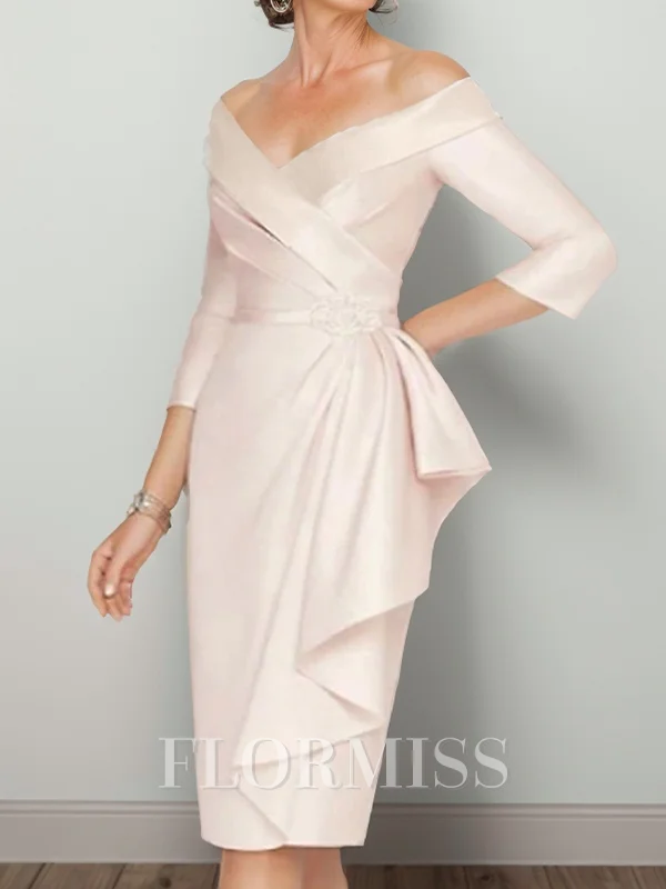 Sheath/Column Satin V-neck 3/4 Sleeves Knee-Length Mother of the Bride Dress