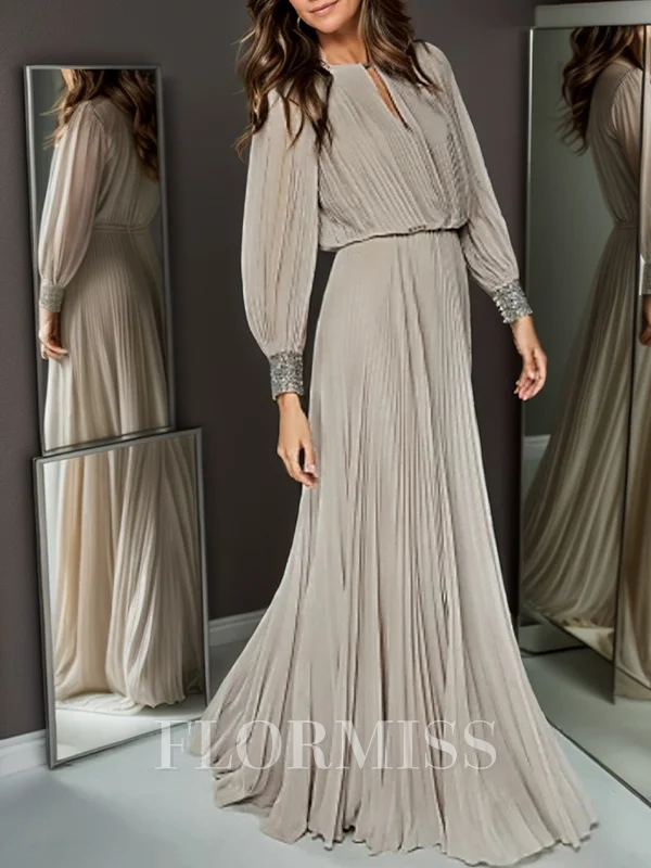 A-line/Princess Chiffon Scoop Long Sleeves Floor-Length Mother of the Bride Dress