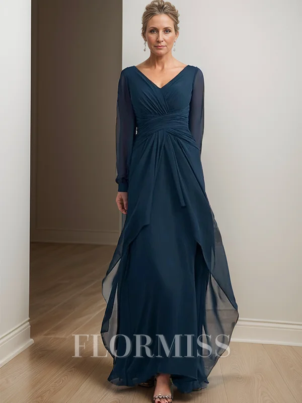 A-line/Princess Chiffon V-neck Long Sleeves Floor-Length Mother of the Bride Dress