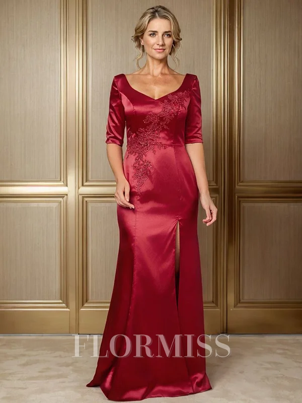 Sheath V-neck 1/2 Sleeves Appliques Lace Floor-Length Silk Like Satin Mother of the Bride Dress