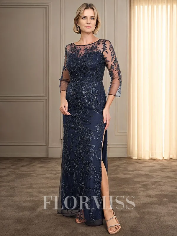 Sheath Scoop 3/4 Sleeves Floor-Length Lace Mother of the Bride Dress