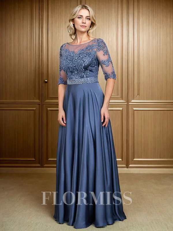 A-line Scoop 1/2 Sleeves Appliques Lace Floor-Length Satin Chiffon Mother of the Bride Dress
