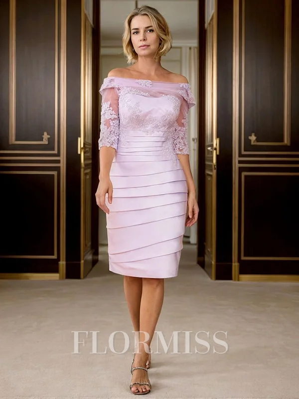 Sheath Off-the-Shoulder 3/4 Sleeves Appliques Lace Knee-Length Satin Mother of the Bride Dress
