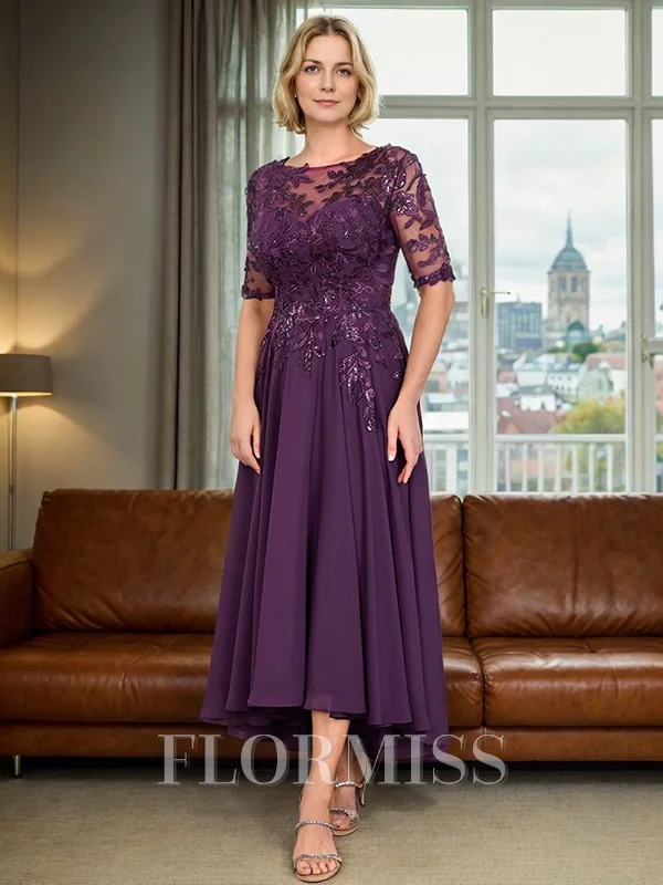A-line Scoop 1/2 Sleeves Appliques Lace Asymmetrical Chiffon Mother of the Bride Dress