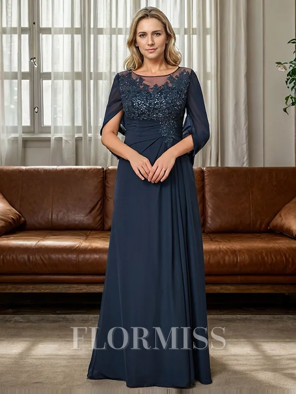 A-line Scoop Appliques Lace Floor-Length Chiffon Mother of the Bride Dress