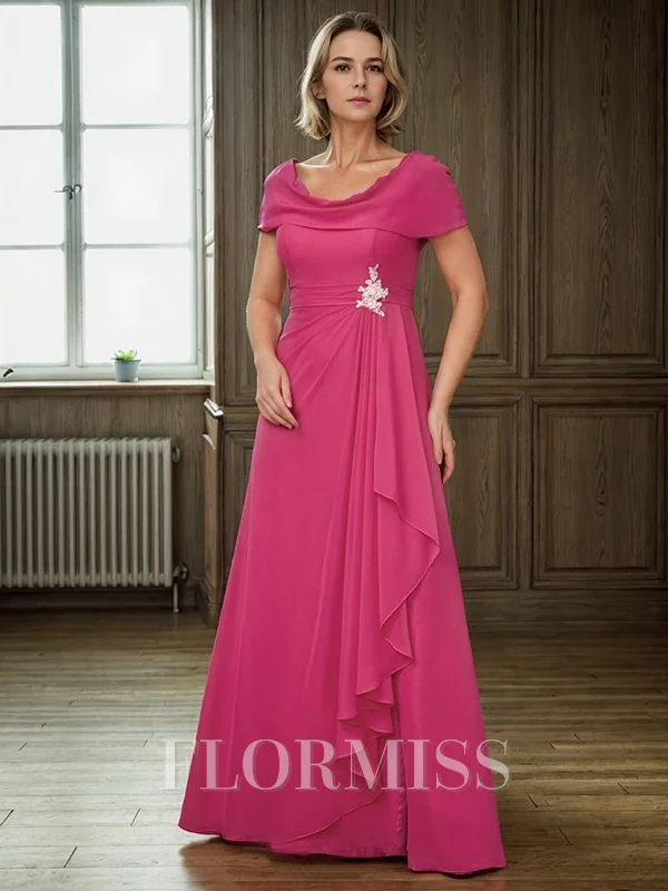 A-line Scoop Short Sleeves Appliques Lace Floor-Length Chiffon Mother of the Bride Dress