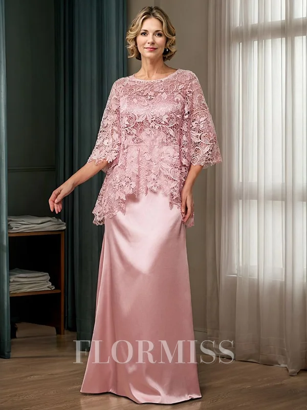 Sheath Scoop 3/4 Sleeves Appliques Lace Floor-Length Silk Like Satin Mother of the Bride Dress