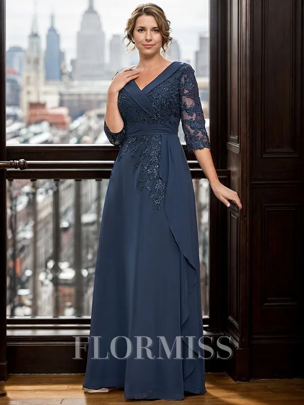A-line V-neck 3/4 Sleeves Appliques Lace Floor-Length Chiffon Mother of the Bride Dress
